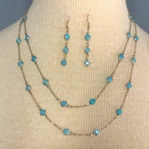 Turquoise & Gold-Plated Double Strand Necklace w/ Matching Earrings